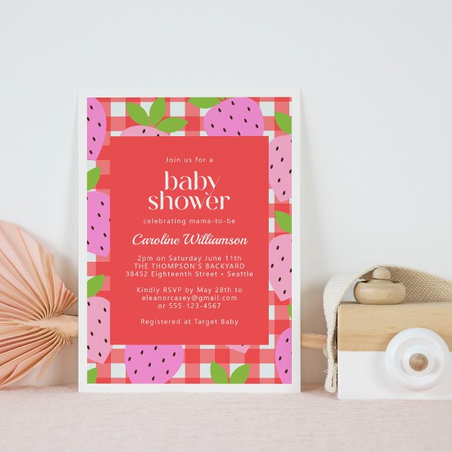Invitación Ducha de Bebé Niña con Cuadros Rojos y Fresas (Subido por el creador)