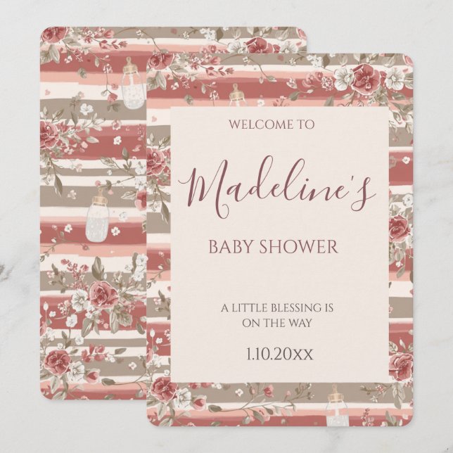 Invitación Ducha de bebé niña con flores de rosa polvorienta  (Anverso / Reverso)