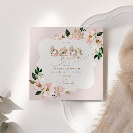 Invitación ducha de bebé niña con flores rosa y foil dorado
