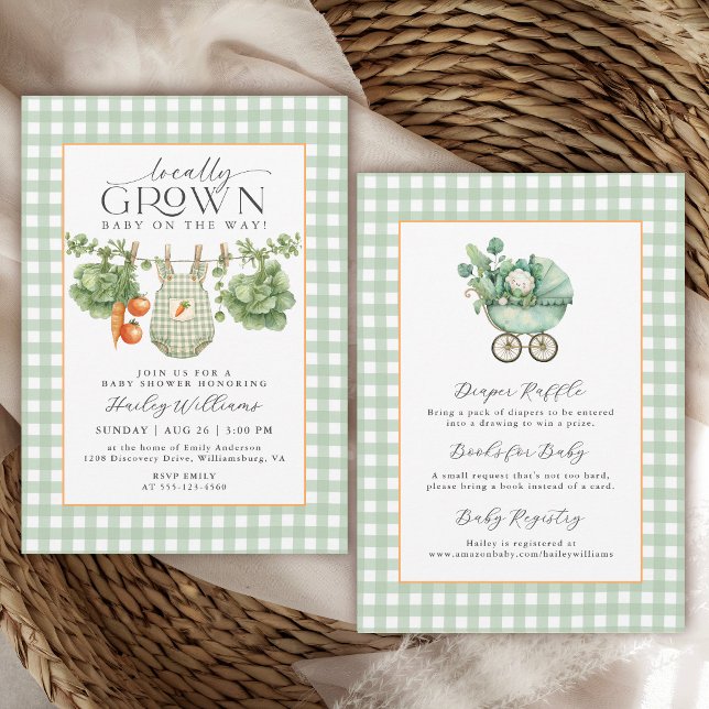 Invitación Ducha de bebé niña con gingham verde salvia de cos (Invitation may be ordered in printed and digital formats.)