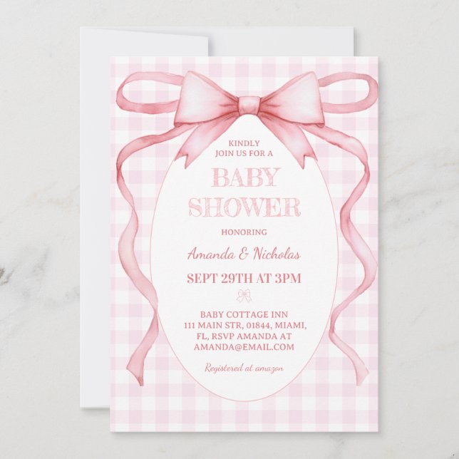 Invitación Ducha de Bebé Niña con Lazo de Gingham Rosa (Anverso)