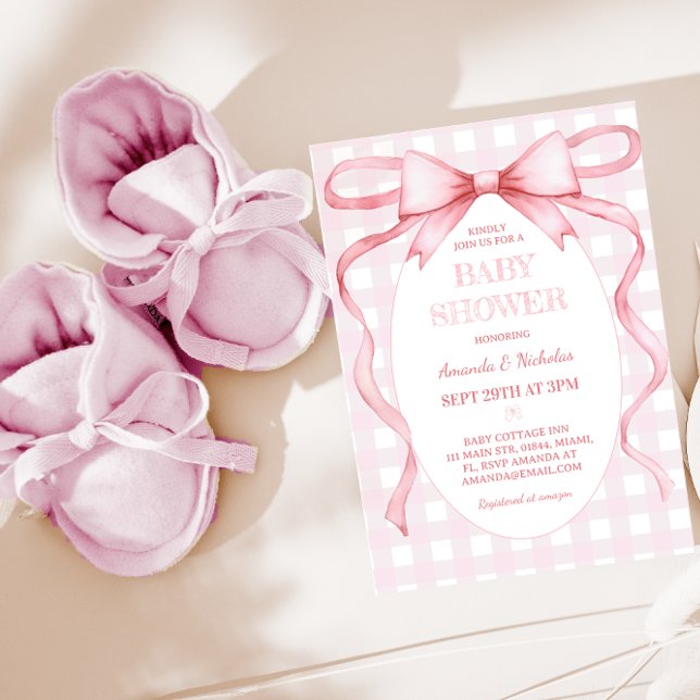 Invitación Ducha de Bebé Niña con Lazo de Gingham Rosa (Subido por el creador)