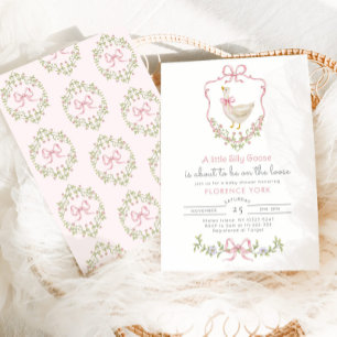 Invitación Ducha de bebé niña con lazo rosa caprichoso Silly 