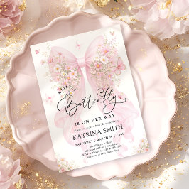 Invitación Ducha de bebé niña con lazo rosa Mariposa pequeña