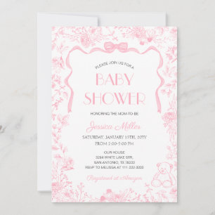 Invitación Ducha de Bebé Niña con Lazo Rosa Toile De Jouy
