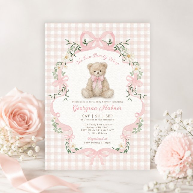 Invitación Ducha de bebé niña con osito de peluche de gingham (Subido por el creador)