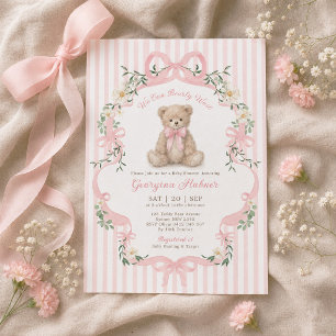 Invitación Ducha de bebé niña con osito de peluche de rayas r