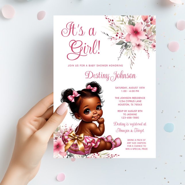 Invitación Ducha de Bebé Niña con Pantalón de Volantes y Rizo (Pink gold afro puff baby girl with pink and gold ruffle pants and wildflowers. So cute!)