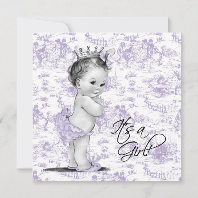 Invitación Ducha de Bebé Niña con Toile Púrpura (Anverso)