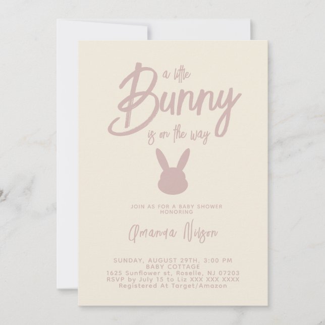 Invitación Ducha de bebé niña conejo moderna elegante (Anverso)