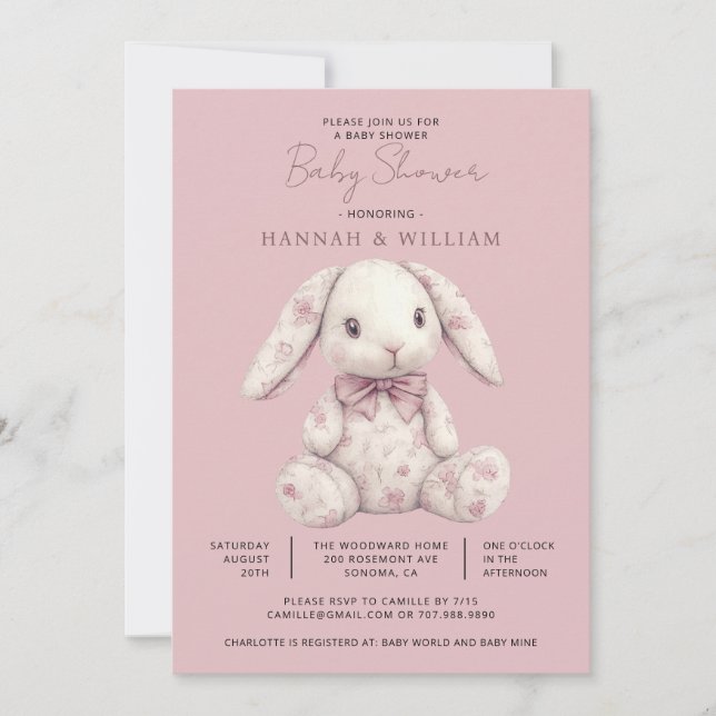 Invitación Ducha de Bebé Niña Conejo Toile Rosa (Anverso)