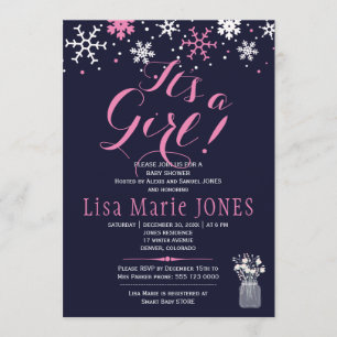 Invitación Ducha de bebé niña copos de nieve rosados blancos