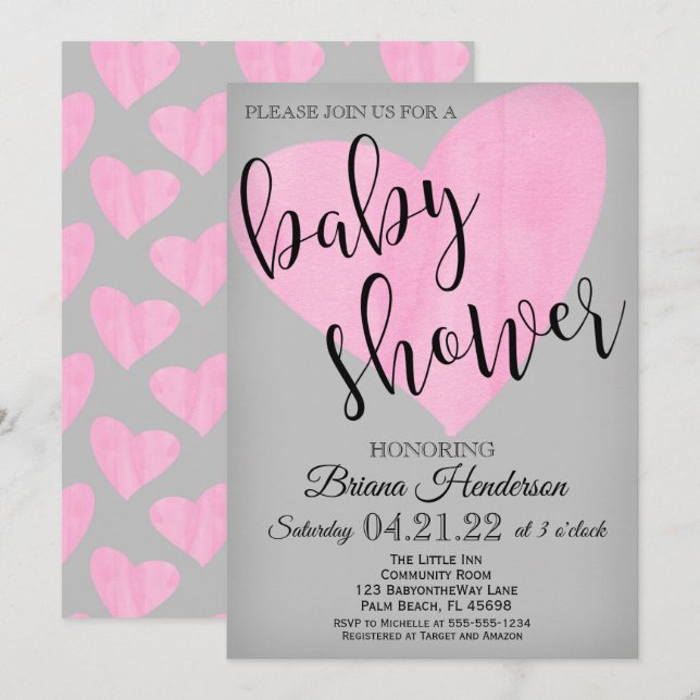 Invitación Ducha de Bebé Niña Corazón Rosa Acuarela Moderna (Anverso / Reverso)