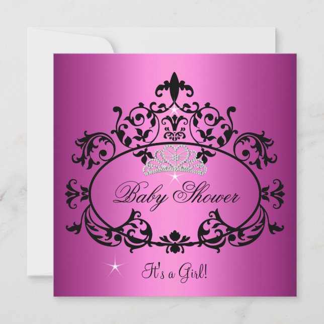 Invitación Ducha de Bebé Niña Corona de Princesa Rosa Negra (Anverso)