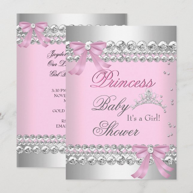 Invitación Ducha de Bebé Niña Corona Princesa Blanca Rosa Gem (Anverso / Reverso)