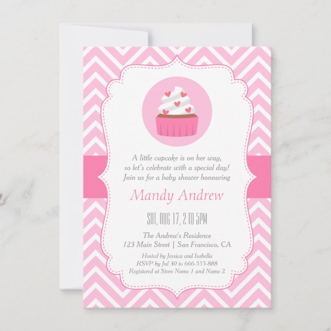 Invitación Ducha de Bebé Niña Cupcake Chevron Rosa Elegante (Anverso)