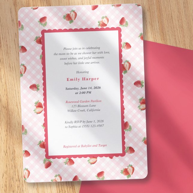 Invitación Ducha de Bebé Niña de Cuadros Rosas y Fresa (Spring Fruits Themed Baby Shower, Strawberry Pink Gingham-Baby Girl Shower Invitations)