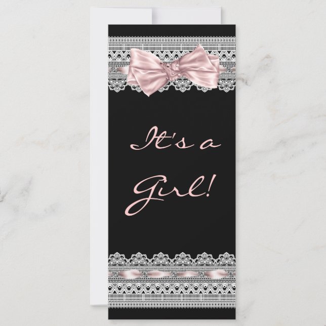 Invitación Ducha de Bebé Niña de Encaje Blanco Rosa y Negro (Anverso)