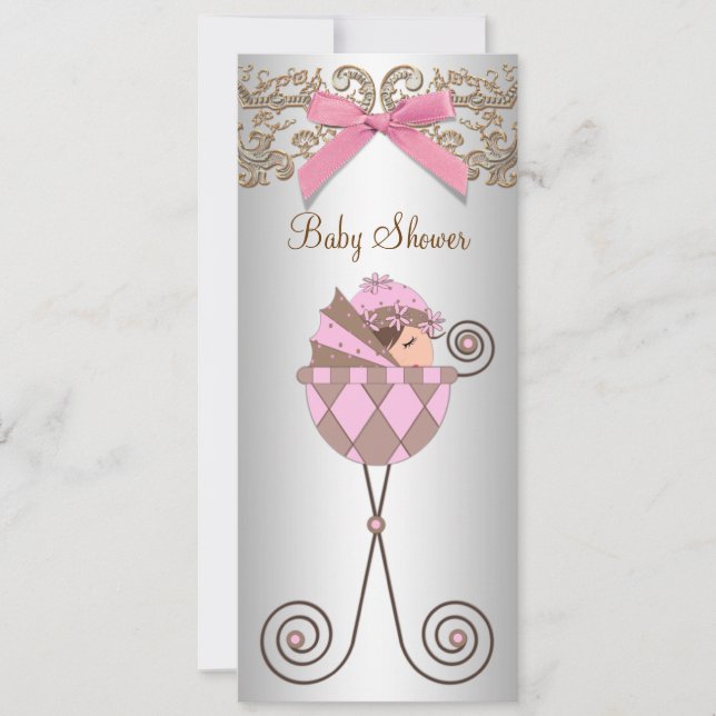 Invitación Ducha de Bebé Niña de Encaje Rosa Marrón (Anverso)