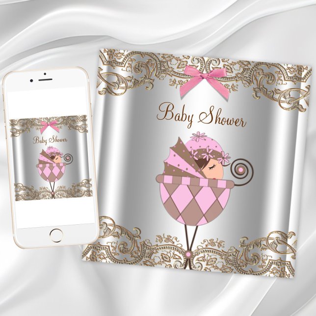 Invitación Ducha de Bebé Niña de Encaje Rosa Marrón (Pink brown baby shower invitation with cute baby. Instant download and printed invitations available)