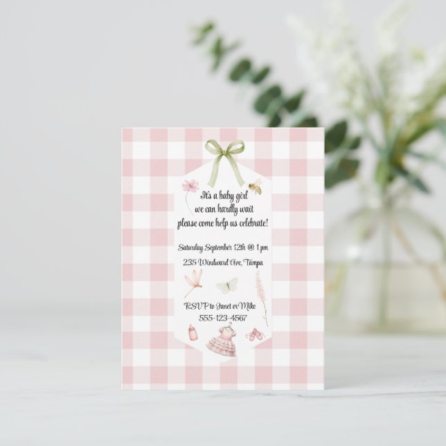 Invitación Ducha de bebé niña de gingham rosa (Anverso de pie)