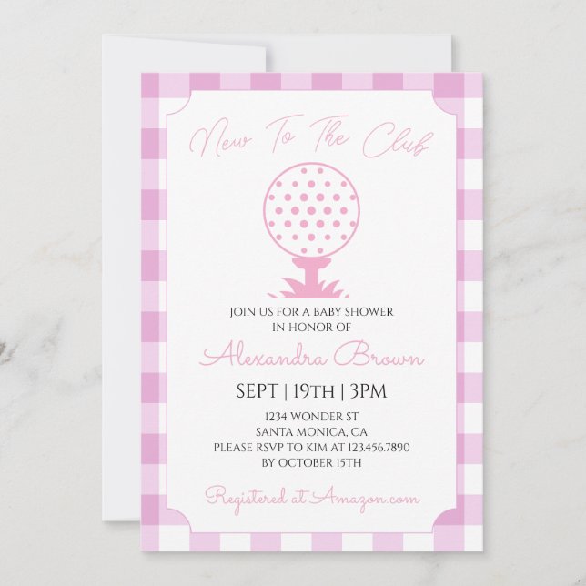 Invitación Ducha de bebé niña de golf con gingham rosa (Anverso)