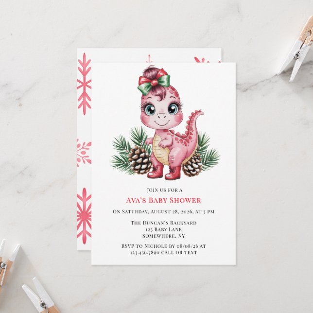 Invitación Ducha de Bebé Niña Dinosaurio Rosa de Navidad (Anverso/Reverso In Situ)