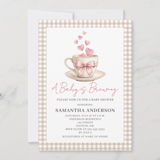 Invitación Ducha de Bebé Niña: El Bebé Está Preparando Café (Anverso)