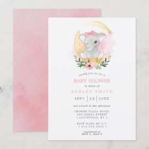 Invitación Ducha de Bebé Niña Elefante Acuarela Floral Luna