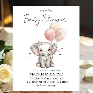 Invitación Ducha de Bebé Niña Elefante con Globos