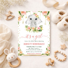 Invitación Ducha de Bebé Niña Elefante Floral Acuarela