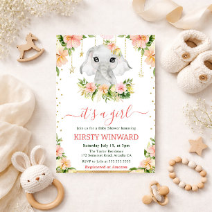 Invitación Ducha de Bebé Niña Elefante Floral Acuarela