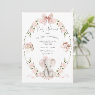 Invitación Ducha de Bebé Niña Elefante Floral Hortensias Rosa