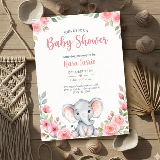 Invitación Ducha de Bebé Niña Elefante Floral Rosa