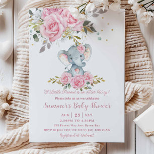 Invitación Ducha de Bebé Niña Elefante Floral Rosa Bebe
