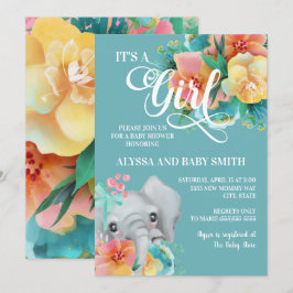 Invitación Ducha de Bebé Niña Elefante Floral Rosa Verde Amar