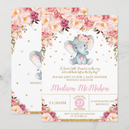 Invitación Ducha de Bebé Niña Elefante Floral Rosado