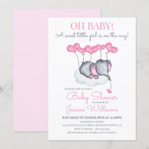 Invitación Ducha de Bebé Niña Elefante Rosa en Nube