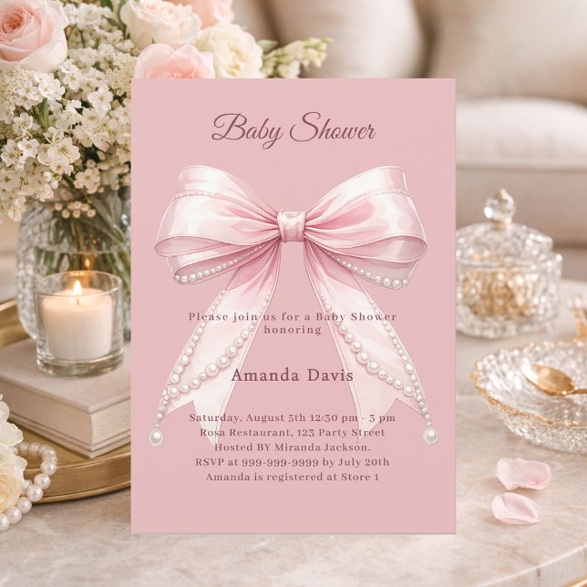 Invitación Ducha de bebé niña elegante perlas rosadas arco (Subido por el creador)