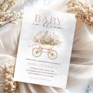 Invitación Ducha de Bebé Niña en Cochecito Floral Pastel