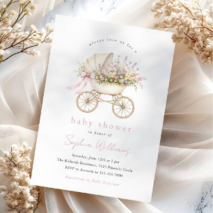 Invitación Ducha de Bebé Niña en Cochecito Floral Pastel