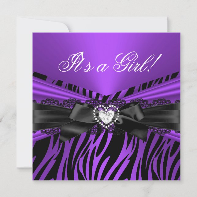 Invitación Ducha de Bebé Niña Encaje Morado Negro Cebra (Anverso)