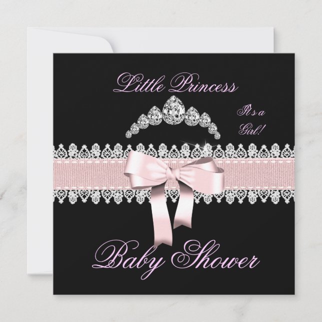 Invitación Ducha de Bebé Niña Encaje Rosa Negro Blanco (Anverso)
