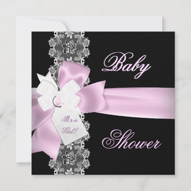 Invitación Ducha de Bebé Niña Encaje Rosa Negro Blanco (Anverso)