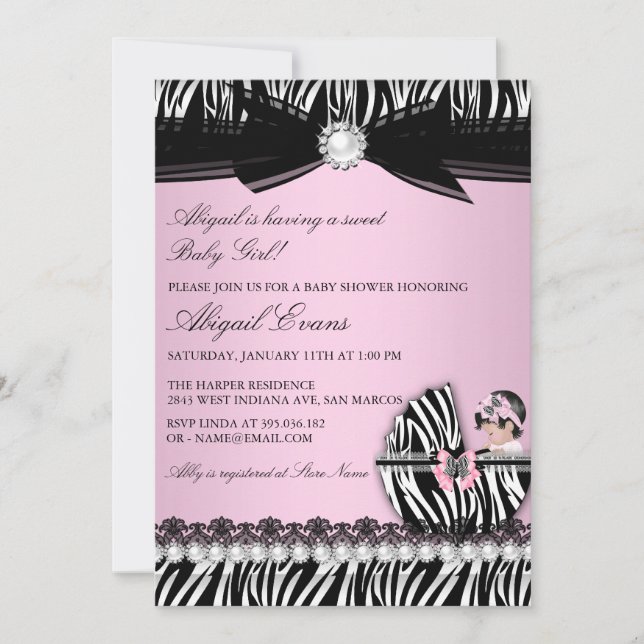 Invitación Ducha de Bebé Niña Estampado de Cebra y Lazo (Anverso)