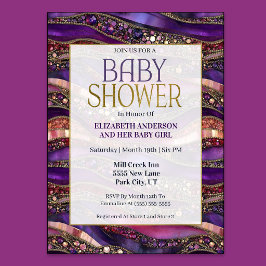 Invitación Ducha de Bebé Niña Estratos de Joyas de Oro Púrpur