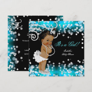 Invitación Ducha de bebé niña étnica azul turquesa negro bril
