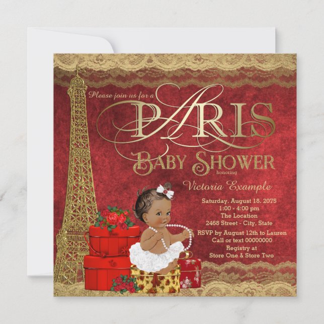 Invitación Ducha de Bebé Niña Étnica París Oro Rojo (Anverso)