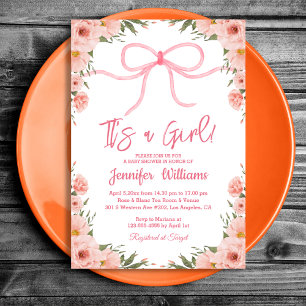 Invitación Ducha de Bebé Niña Floral Acuarela con Lazo Rosa