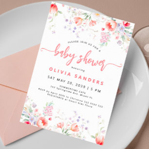 Invitación Ducha de bebé niña floral acuarela rosa moderna